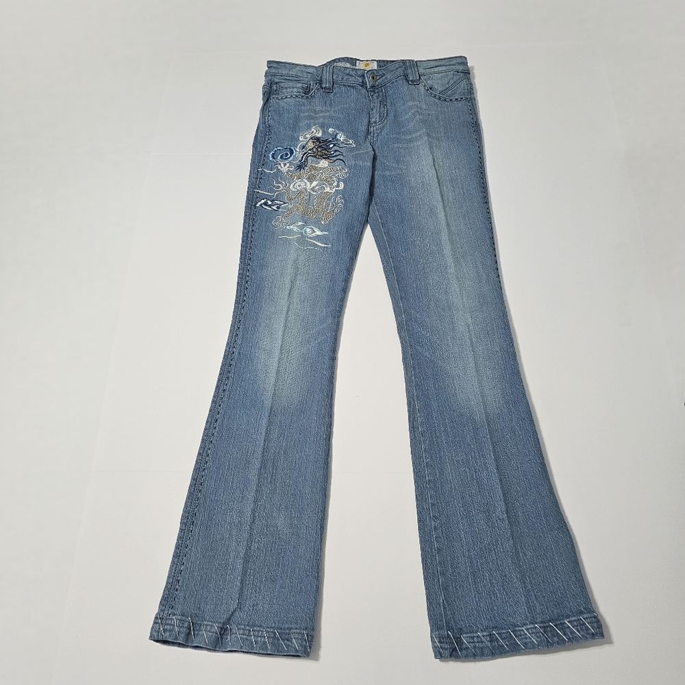 Antik Denim Jeans Dragon Embroidered Light Wash Flare Women's Jeans Sz 29